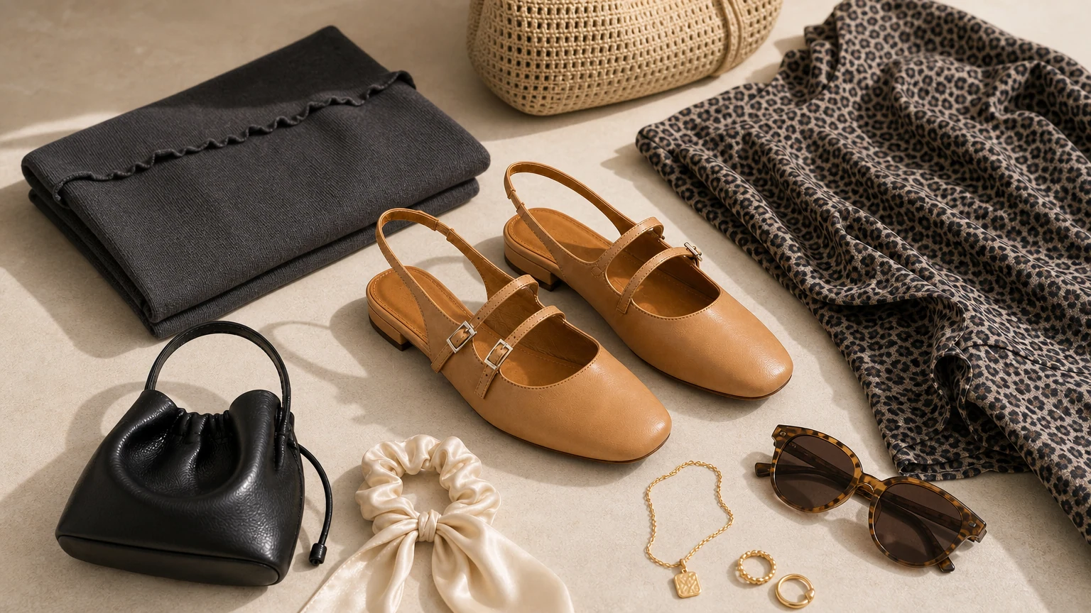 Mary Jane-flats met dubbele bandjes, vormgegeven in een warm, alledaags tafereel