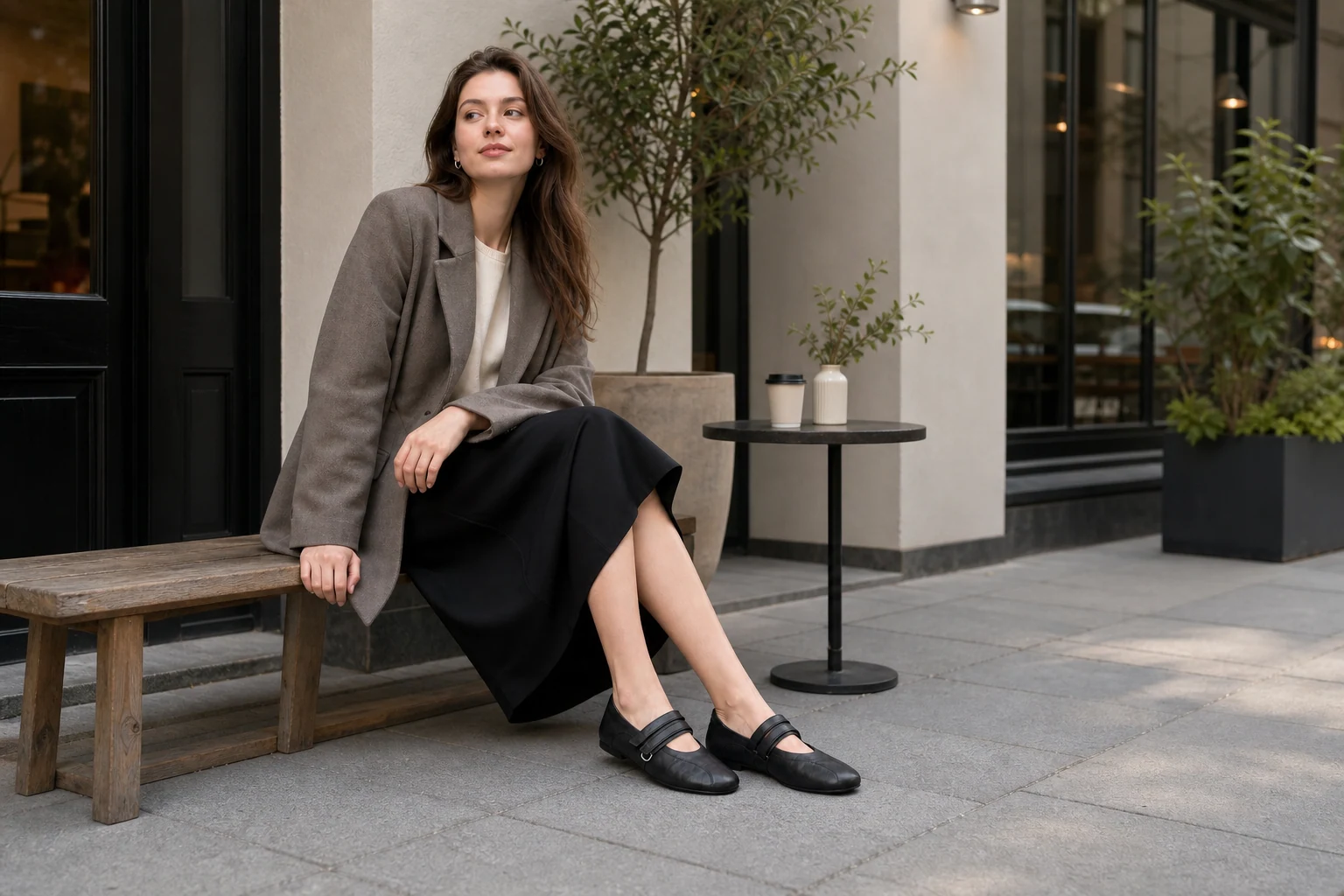 Lifestyle scene showing the black Mary Jane flats in context
