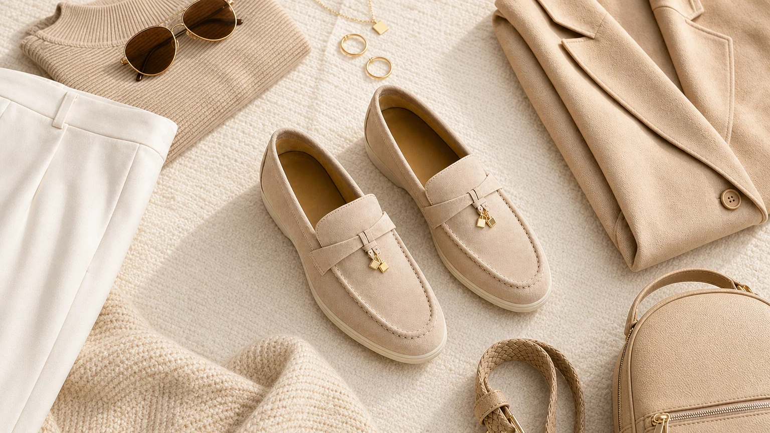 Abrikooskleurige loafers met kwastjes, vormgegeven in een warme dagelijkse outfitscène
