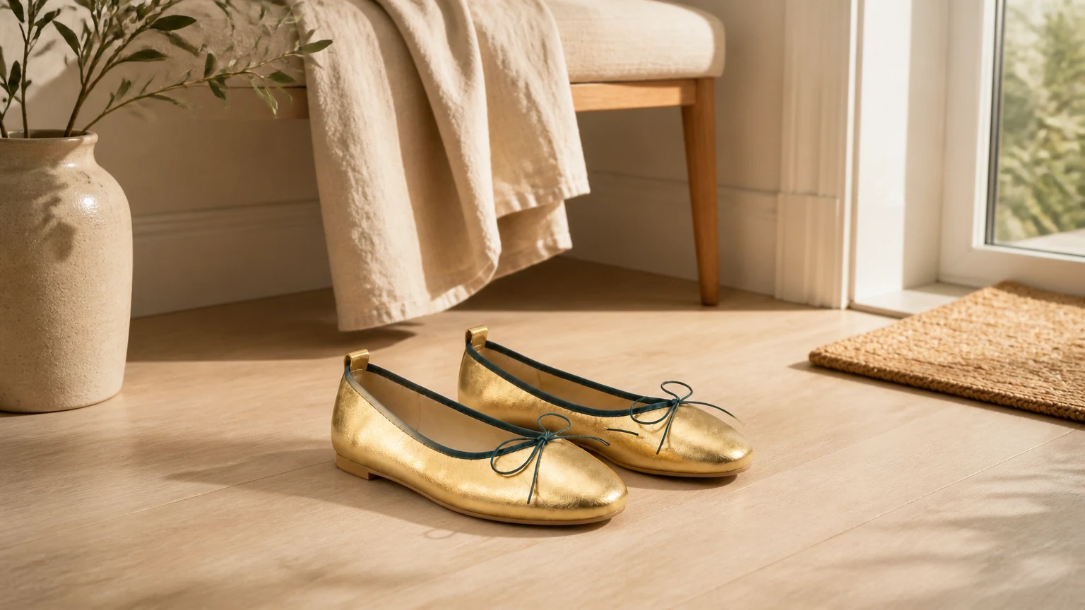 Minimalistische ballerina's in Franse stijl in een warme lifestyle-setting