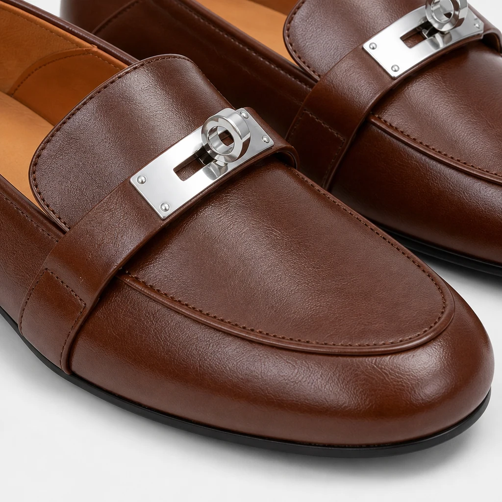 Close-up van het gepolijste bovenwerk van de loafer, stiksels en gespdetail