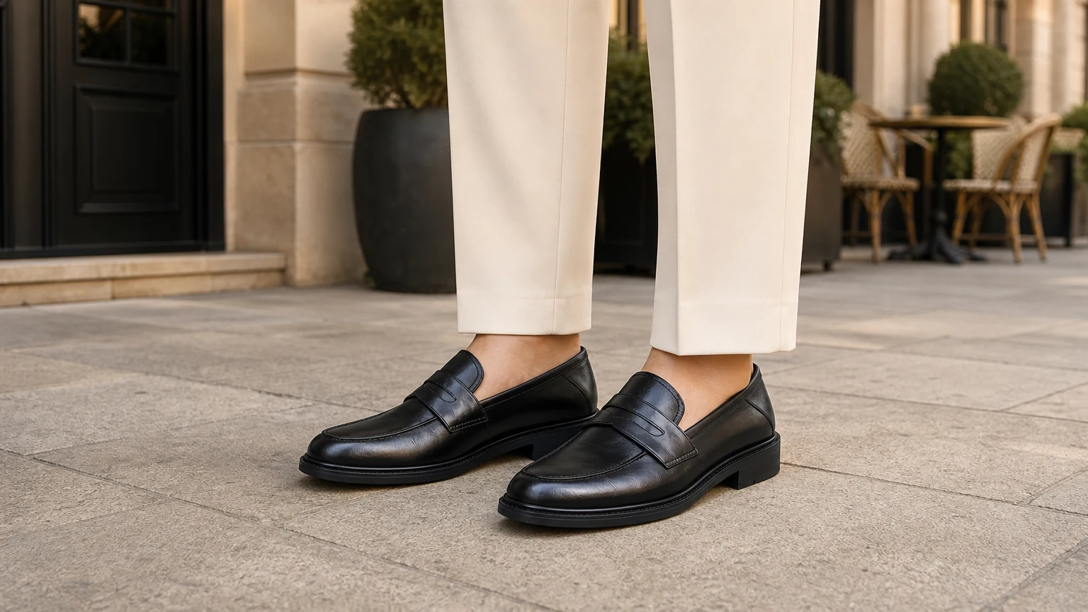 Mocassins de bureau légers et raffinés à talons bas présentés dans un cadre de style de vie raffiné