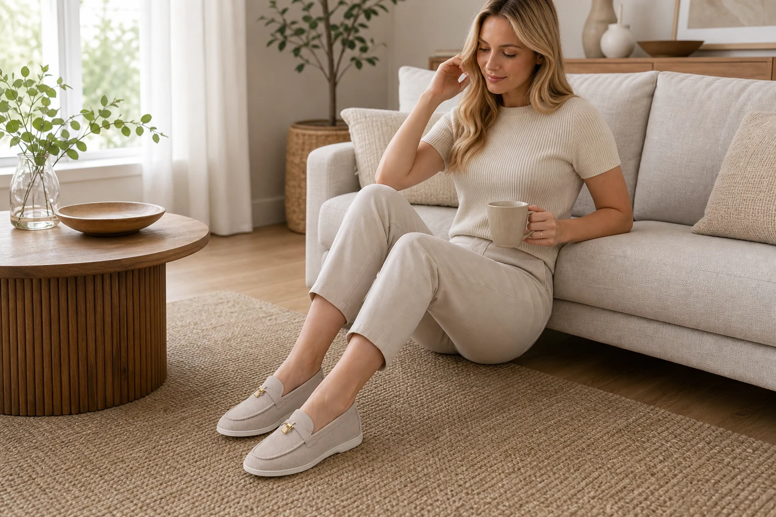 Aprikosenfarbene Quasten-Loafer in einer Produkt-im-Kontext-Lifestyle-Szene