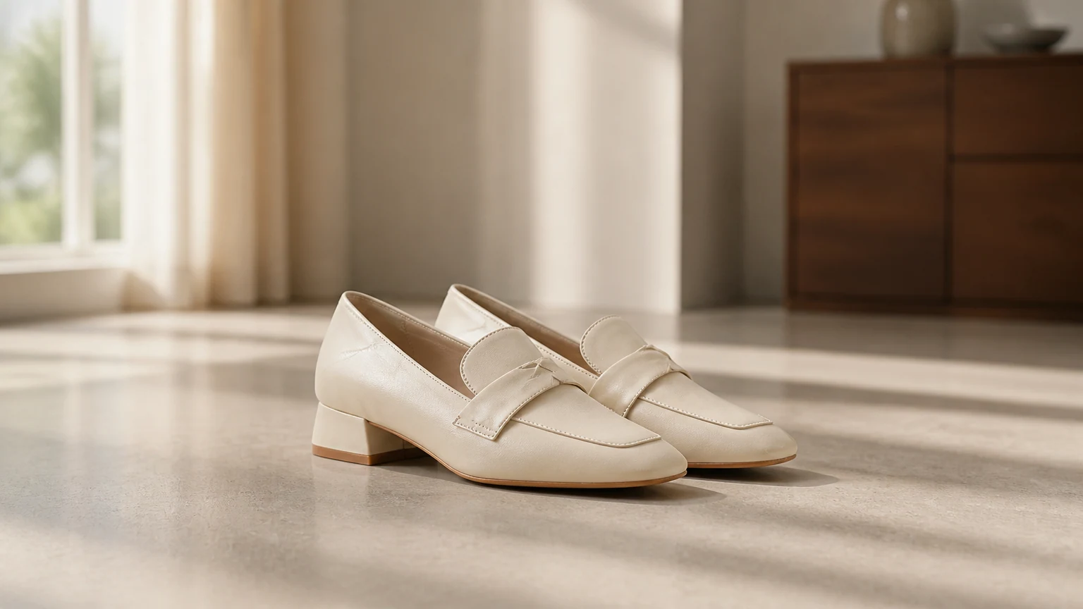 Mocassini slip-on in similpelle liscia abbinati a una scena quotidiana pulita