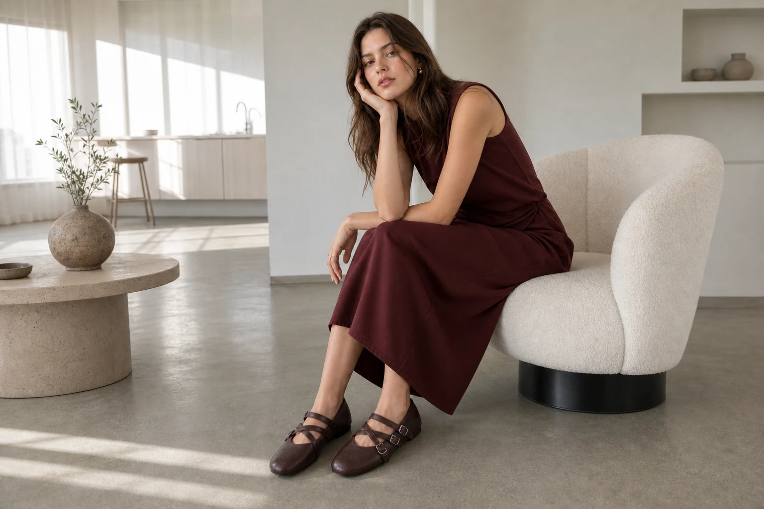 Mary-Jane-Flats in einer Lifestyle-Szene mit sichtbarem Gesamtprodukt