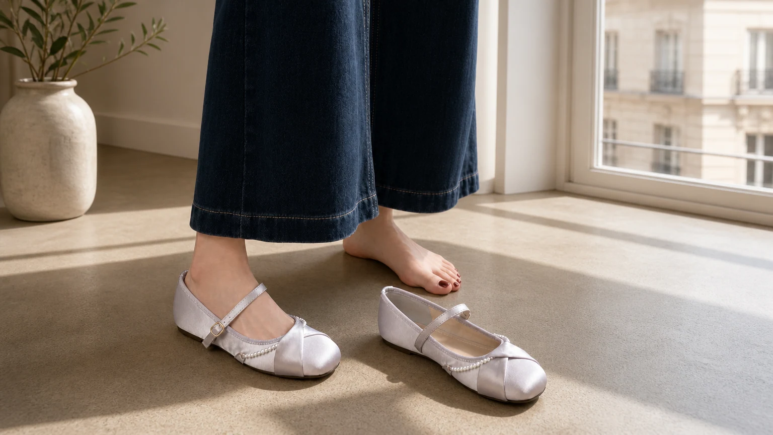 Ballerine Mary Jane in una morbida scena da camera da letto