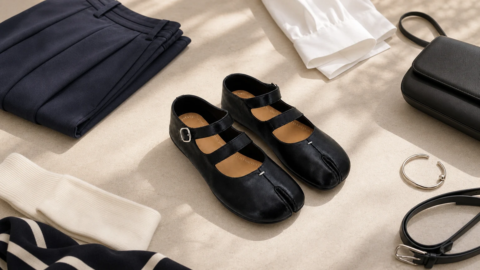 Split toe black Mary Jane flats styled in a horizontal scene
