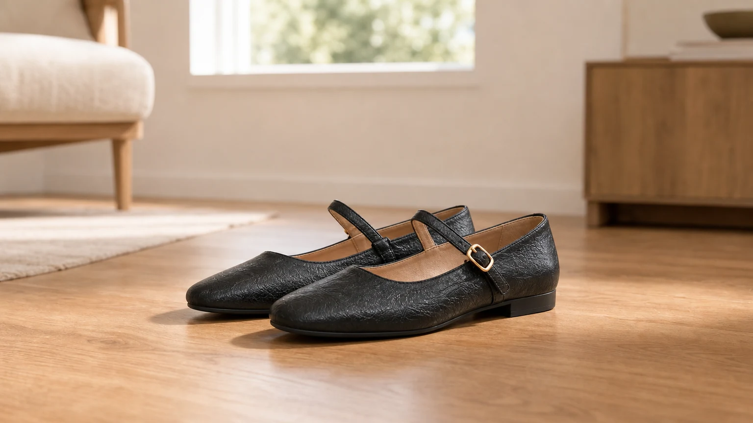 Chain strap Mary Jane flats styled in a horizontal hero scene