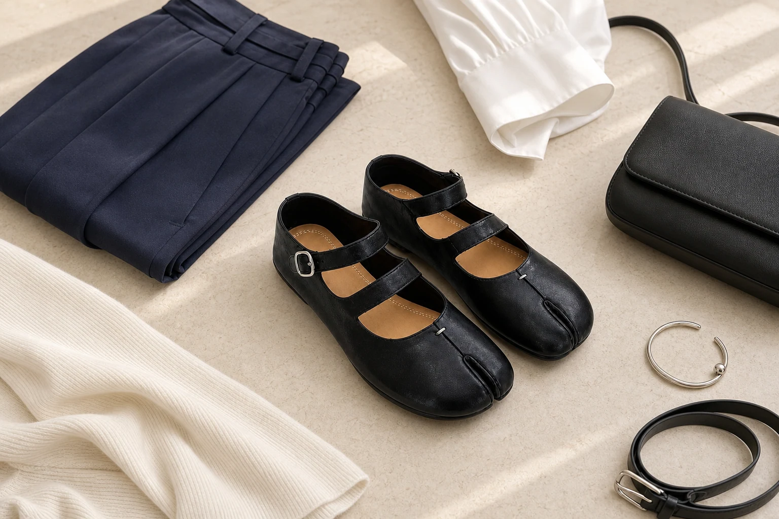 In-context scene with black split toe Mary Jane flats visible