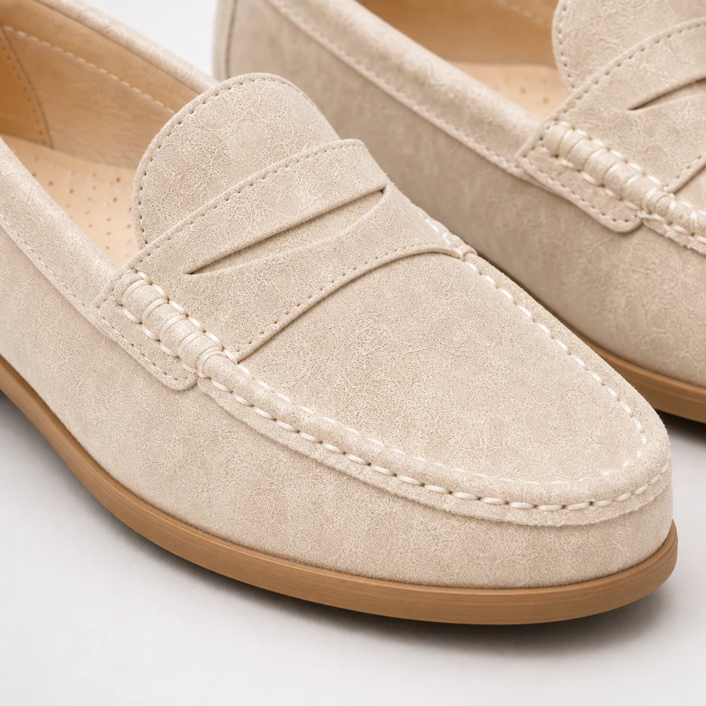 Detalle en primer plano de la parte superior suave y las costuras de los mocasines.