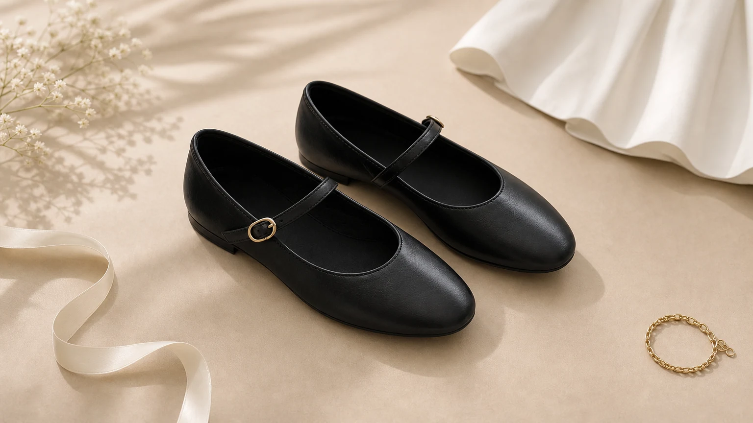 Cross strap vintage Mary Jane flats styled in a horizontal lifestyle scene