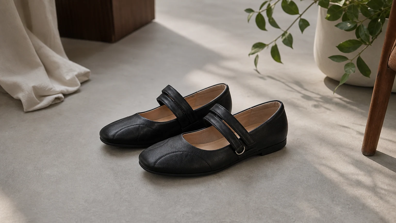Black seamed toe Mary Jane flats styled in a horizontal lifestyle scene