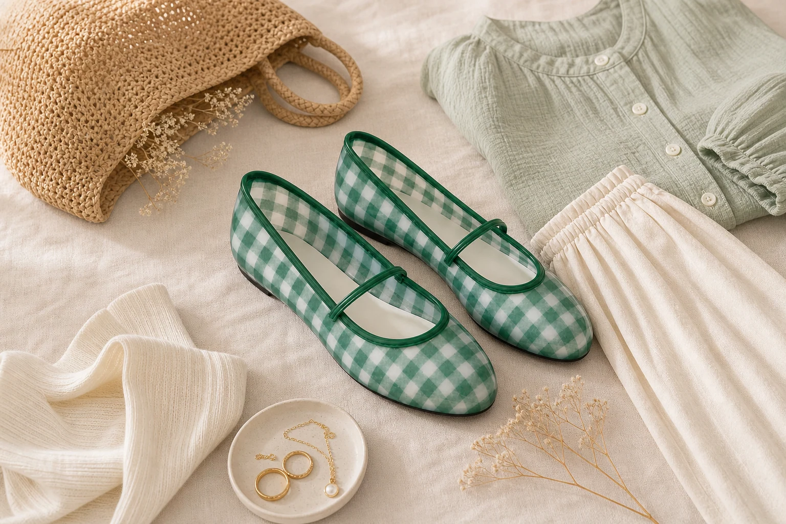 Geruite Mary Jane-flats in een lifestyle-productscène