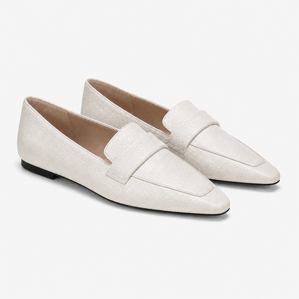 Off white low heel penny strap loafers