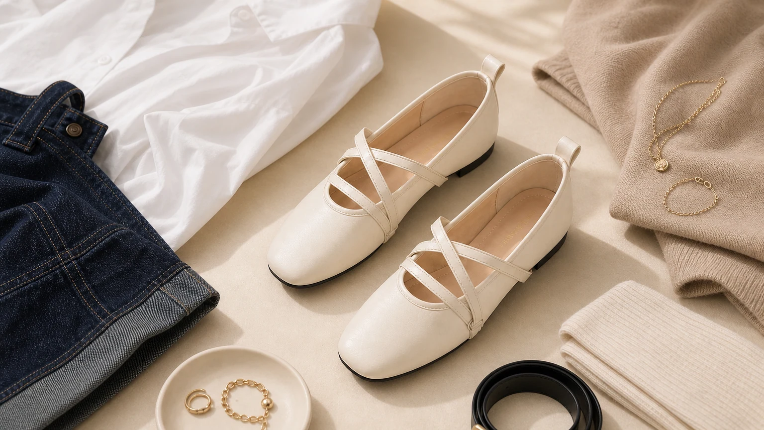 Zapatos planos Mary Jane minimalistas con tiras cruzadas diseñados en una escena horizontal