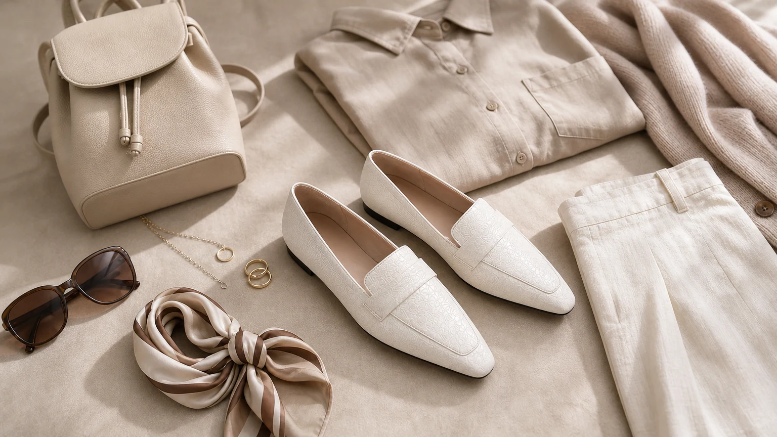Modern penny strap lightweight office loafers styled in a horizontal scene