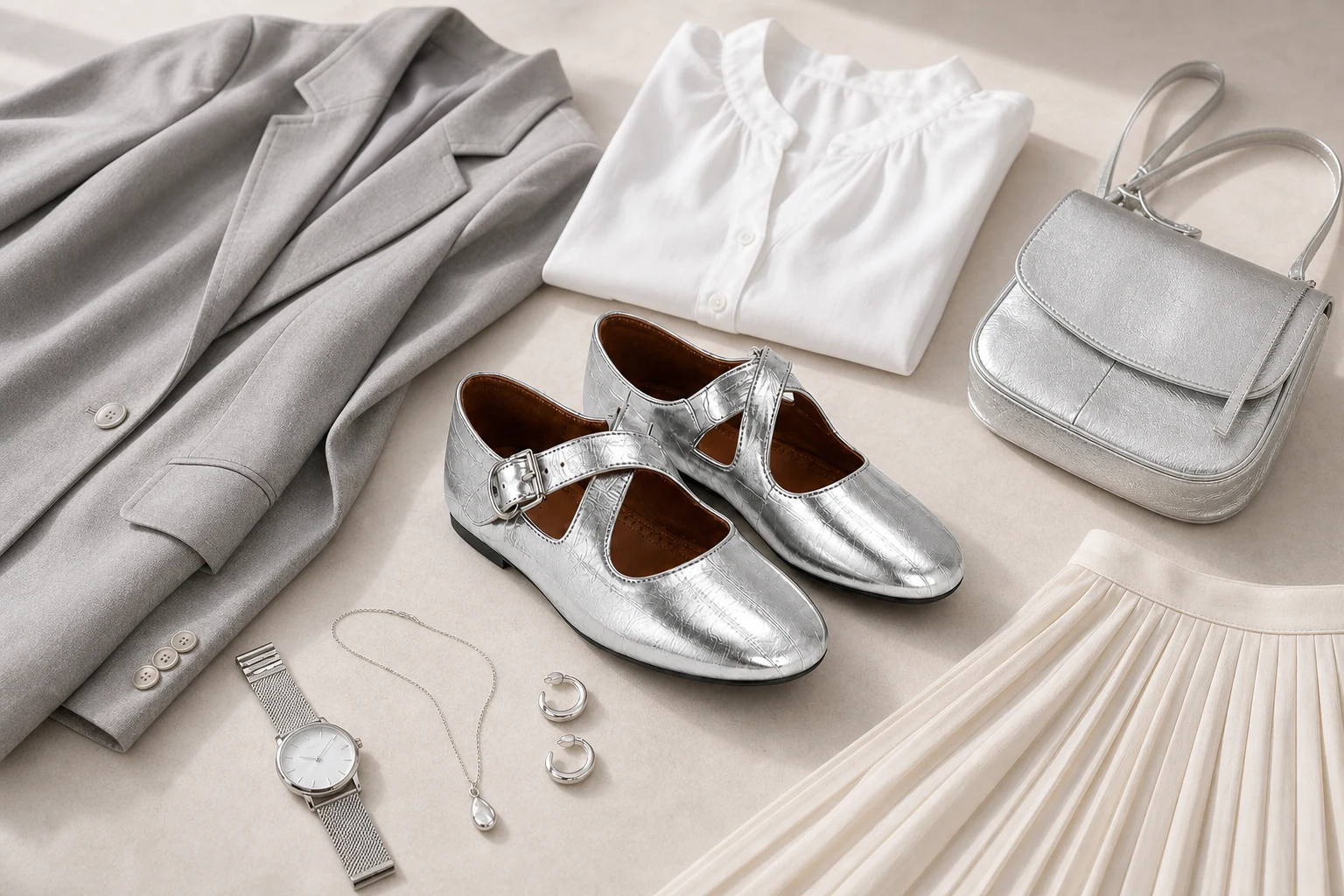 Silberne Mary Jane-Schuhe in einer Lifestyle-Produktszene