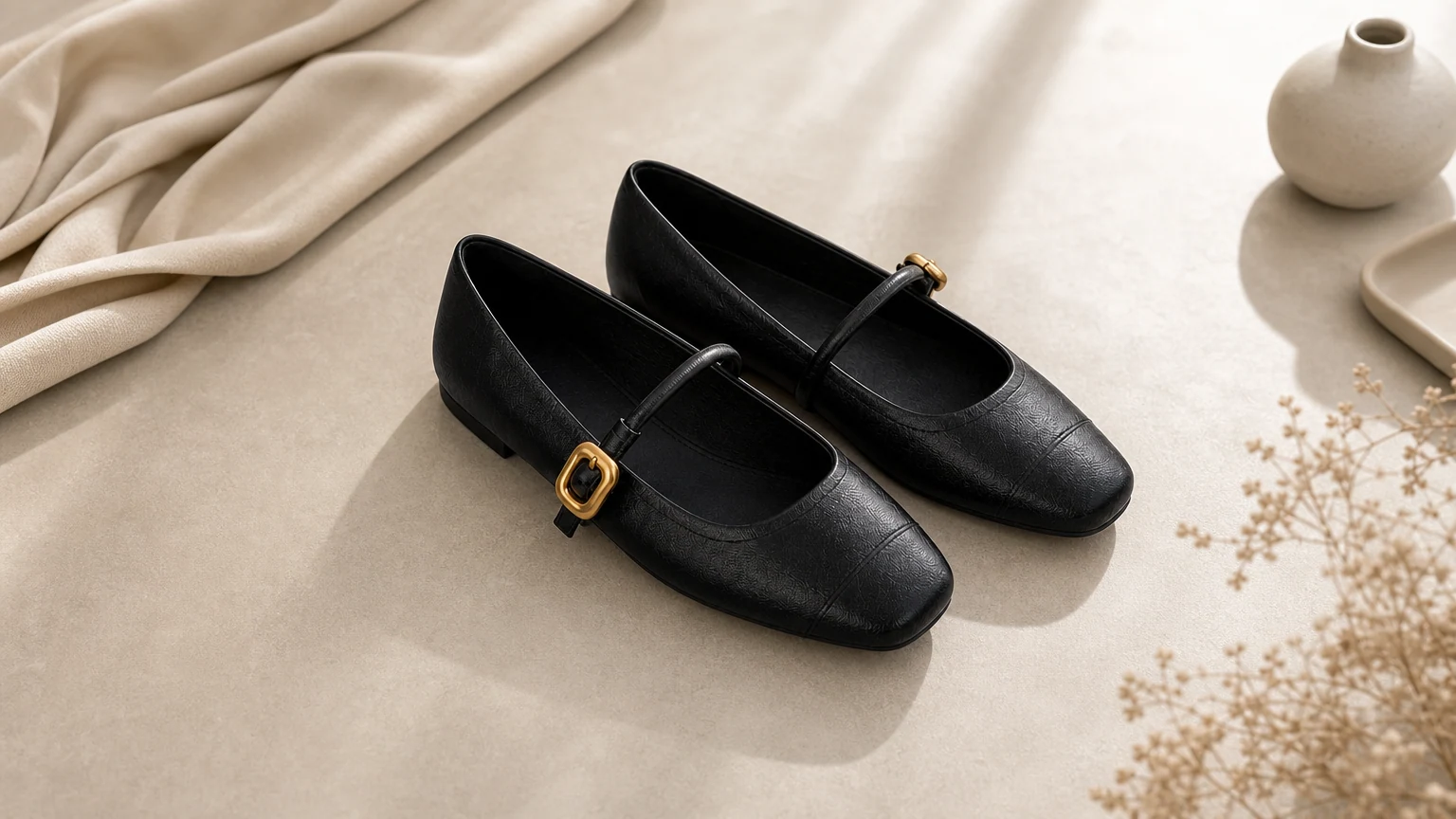 Minimal buckle Mary Jane flats styled in a horizontal scene