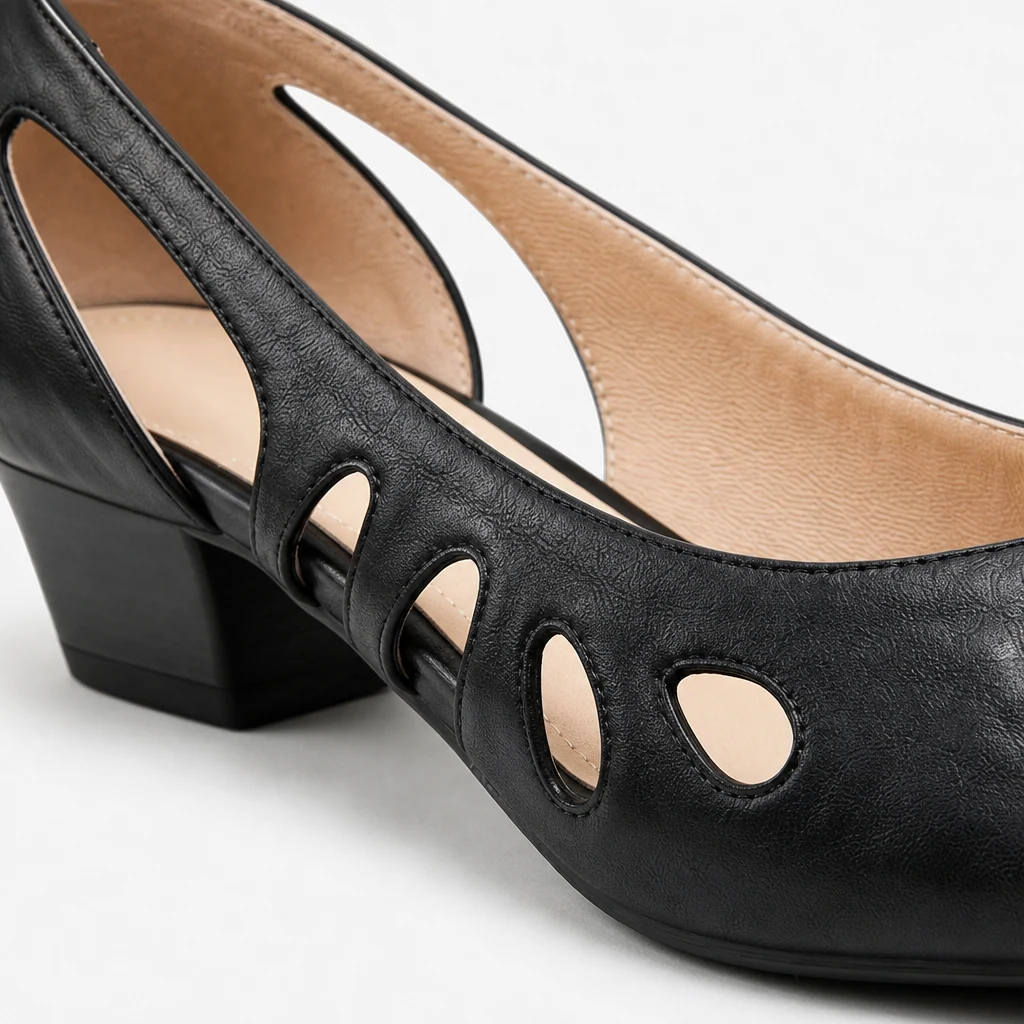 Detailaufnahme des Obermaterials und der Konstruktion des schwarzen Loafers mit ausgeschnittenem Riemen