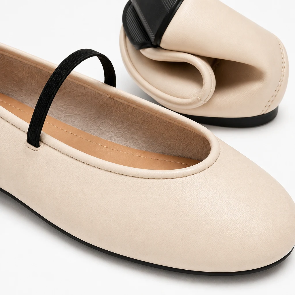 Gros plan sur la tige du mocassin en similicuir souple et les détails de la sangle