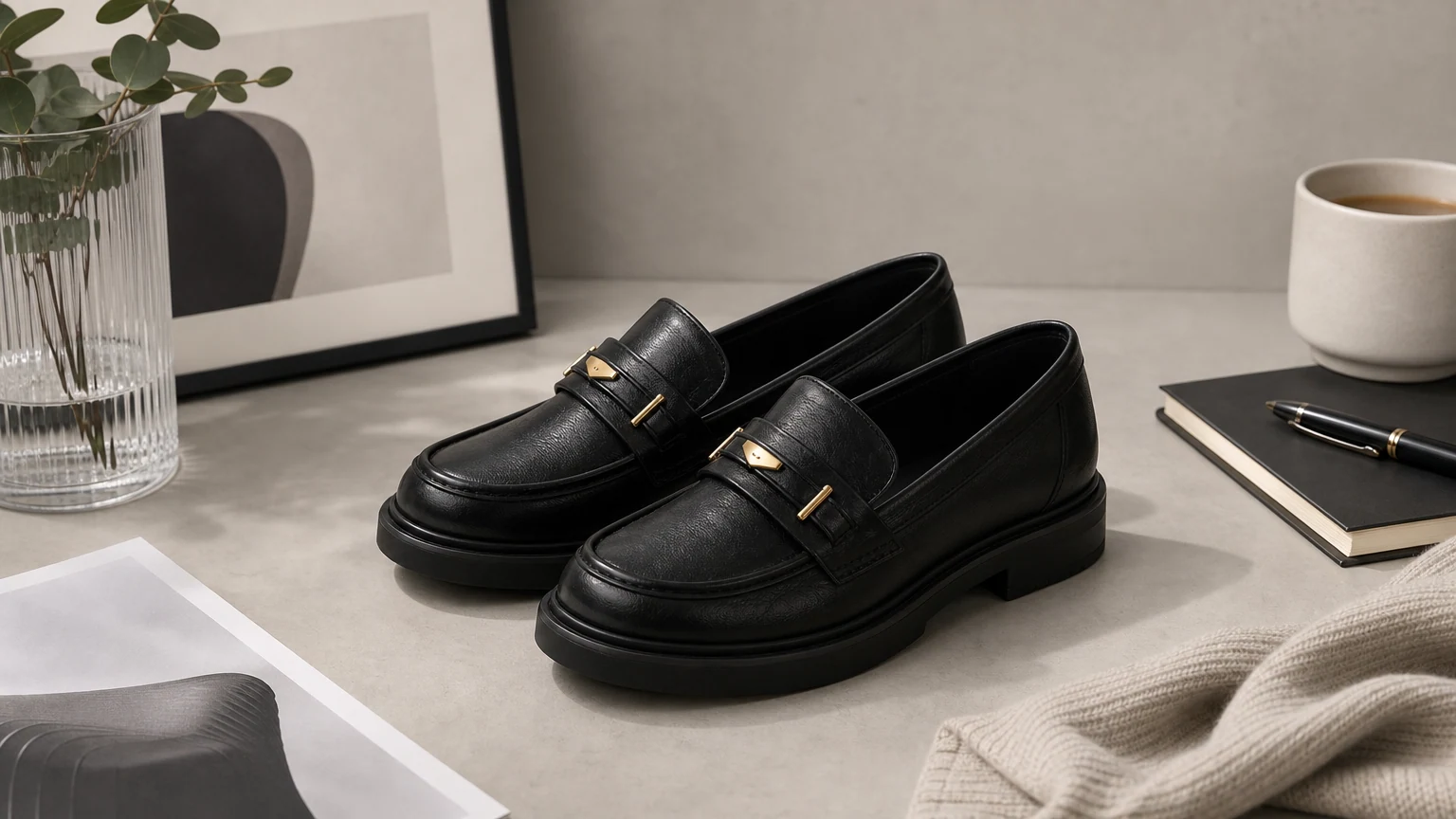 Mocassins de bureau structurés à bout rond, conçus dans une scène de travail épurée.