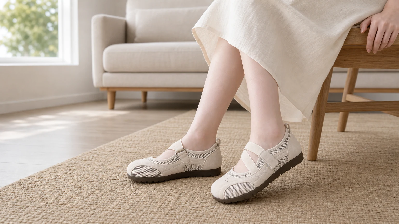 Ballerine Mary Jane con pannello in rete abbinate a un ambiente indoor casual