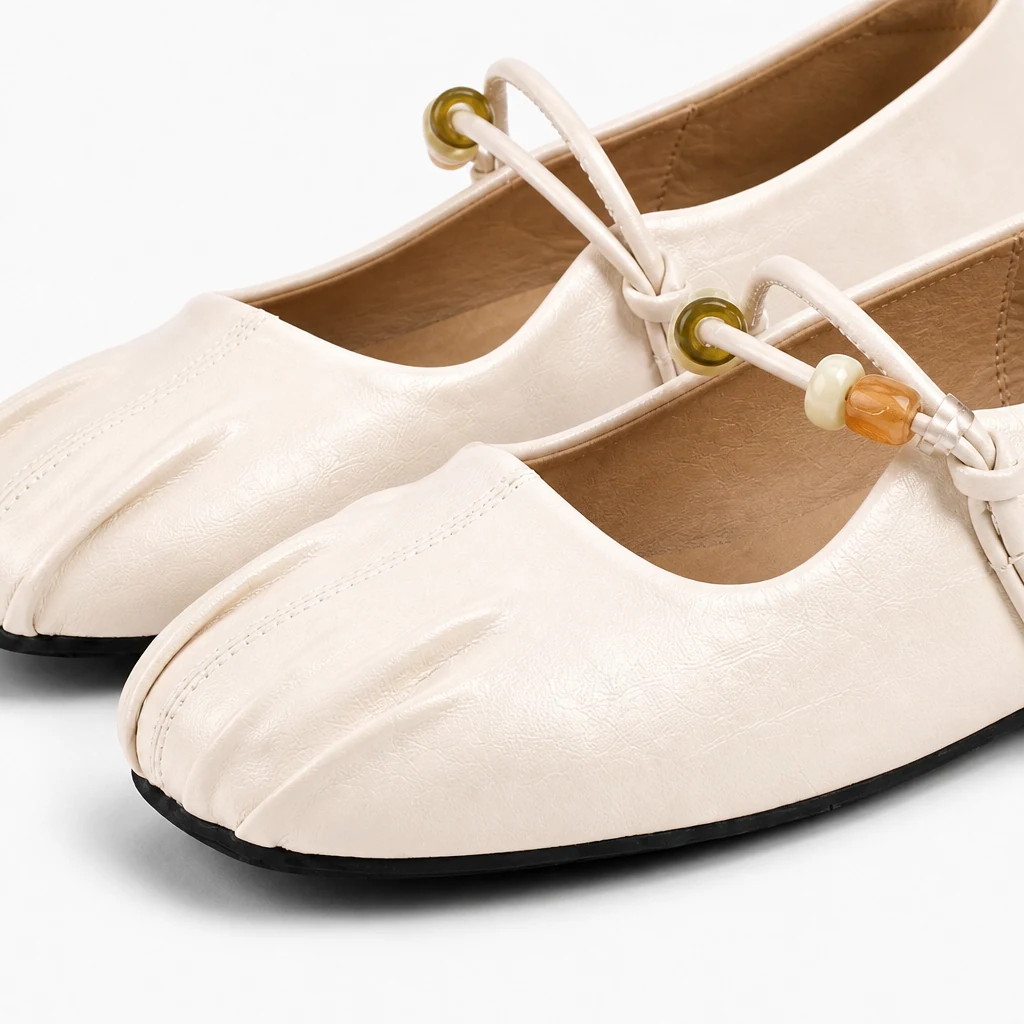 Detailaufnahme des Materials und der Konstruktion der lässigen Flats
