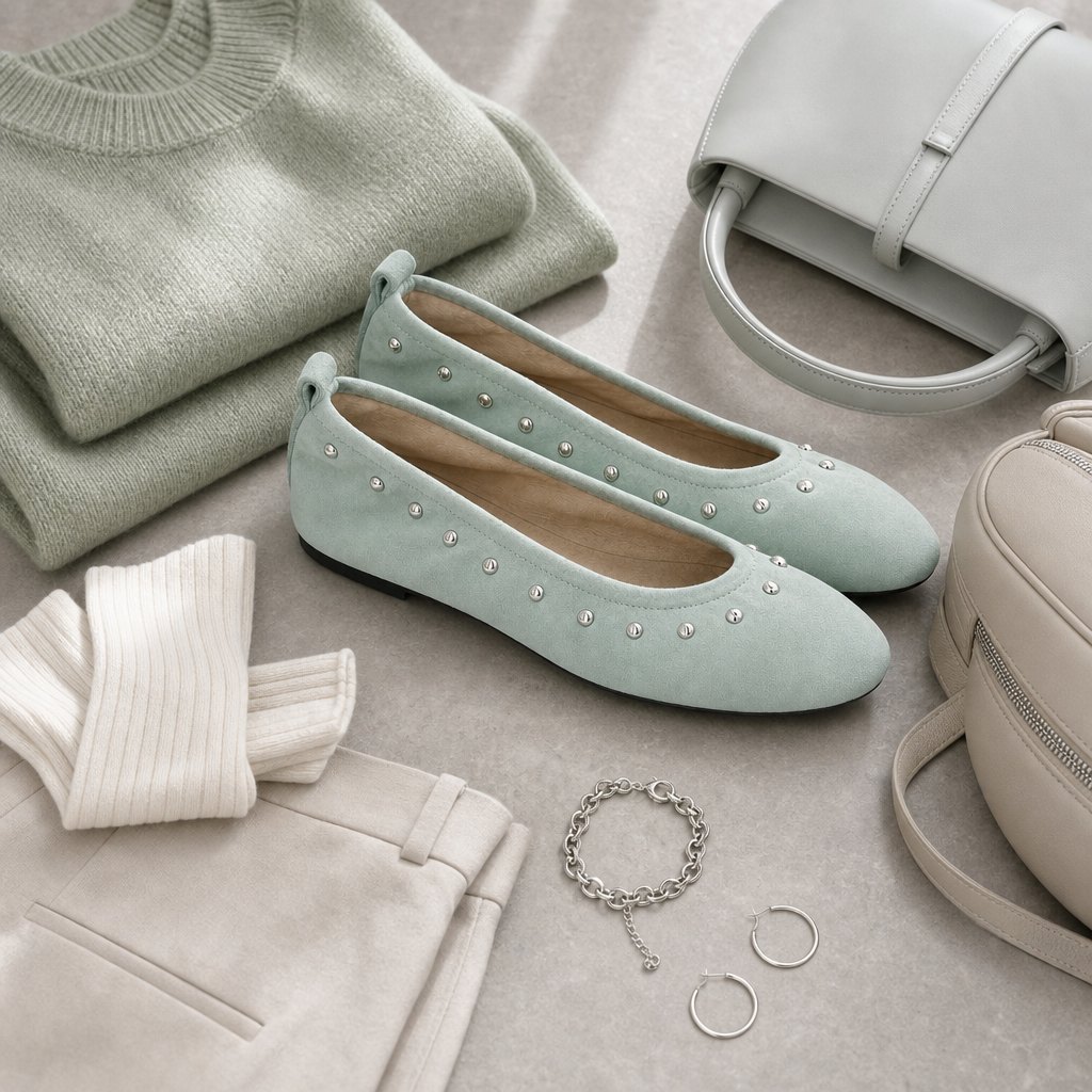 Mint green ballet flats in a horizontal lifestyle scene