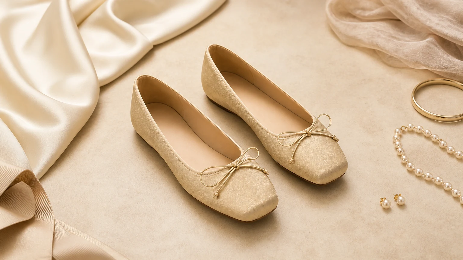 Schicke Flats mit eckiger Spitze und Schleife, gestylt in einer weichen Outfit-Szene