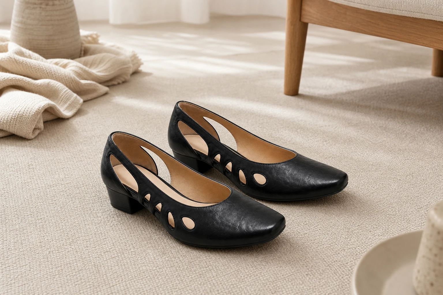 Schwarze Loafer mit ausgeschnittenen Riemen in einer Lifestyle-Produktszene