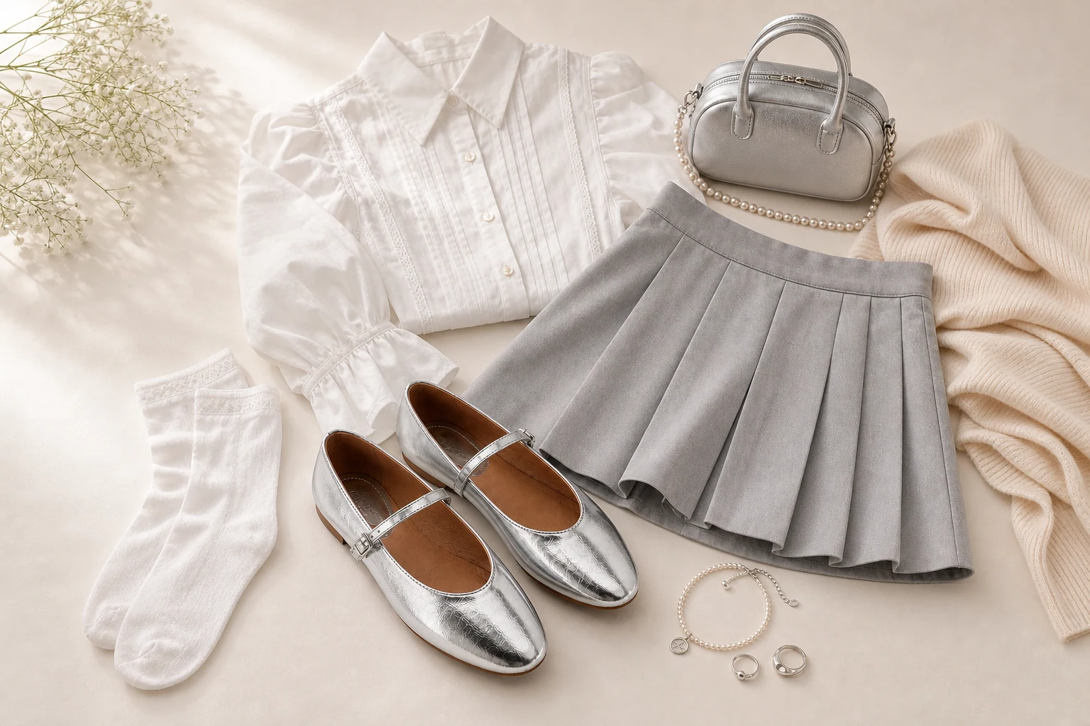 Glossy Mary Jane flats styled in a product-in-context scene