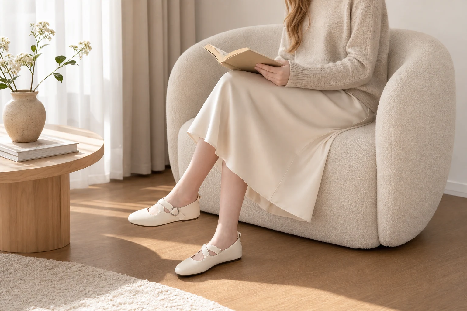 Chaussures Mary Jane dans une scène de style de vie avec le produit complet visible
