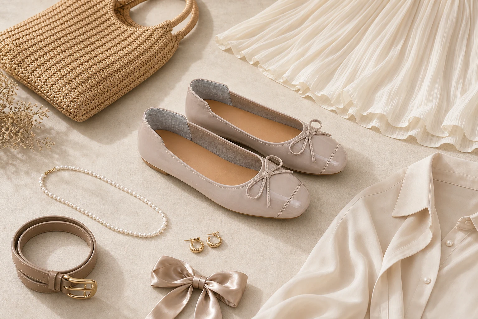 Lässige, flache Ballerinas in einer Produkt-im-Kontext-Lifestyle-Szene