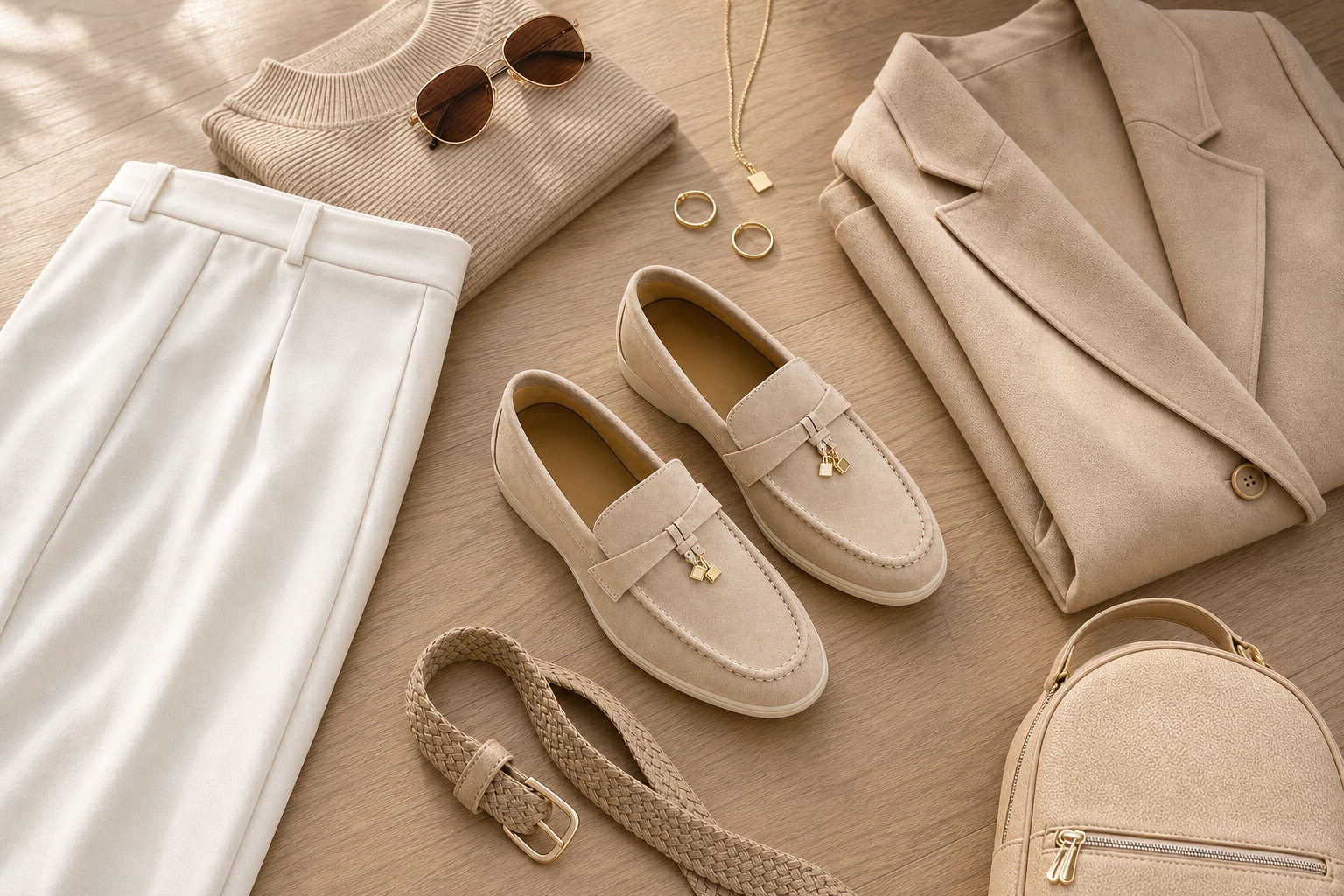 Abrikooskleurige loafers met kwastjes in een lifestyle-setting