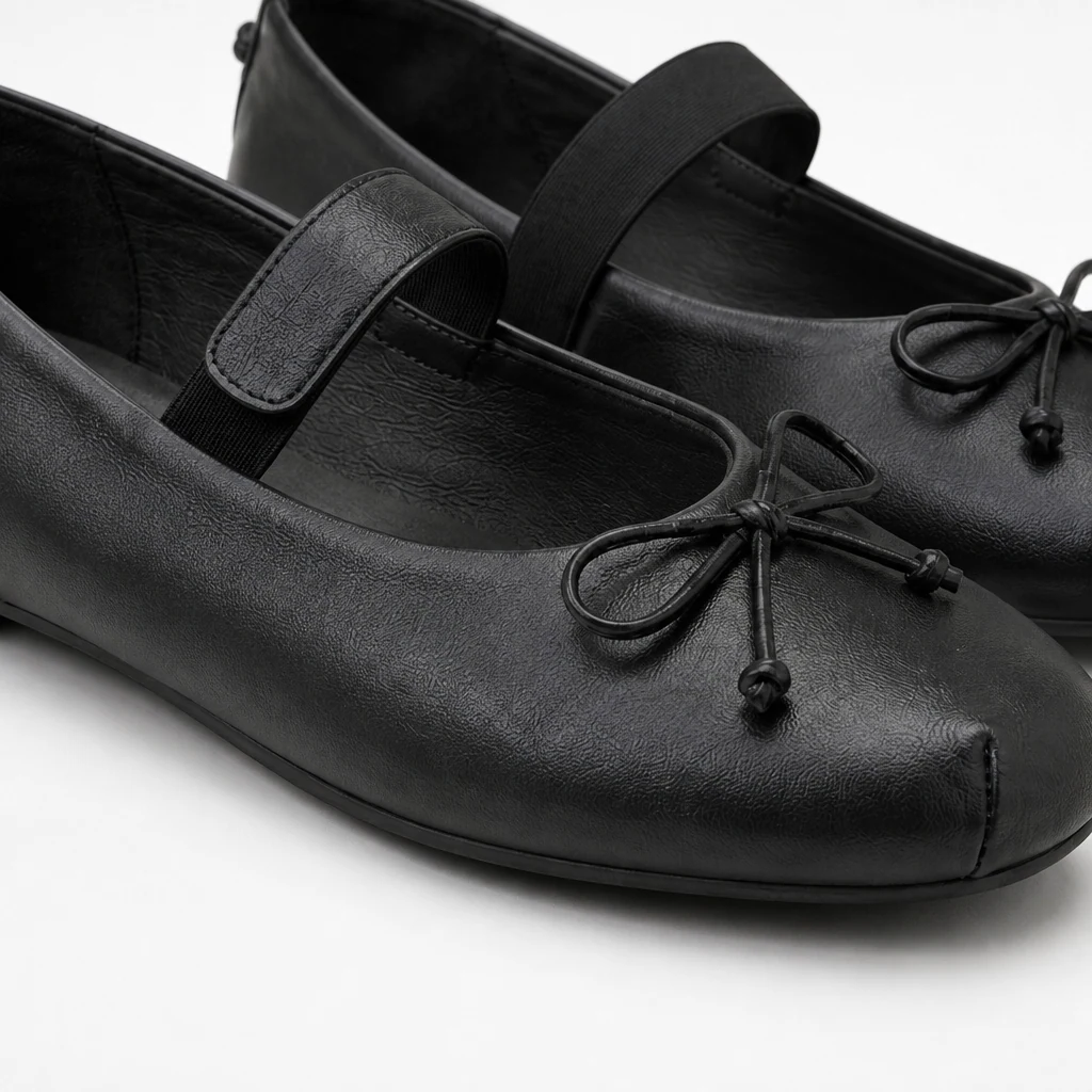 Dettaglio in primo piano della ballerina Mary Jane in raso con fiocco e cinturino elastico