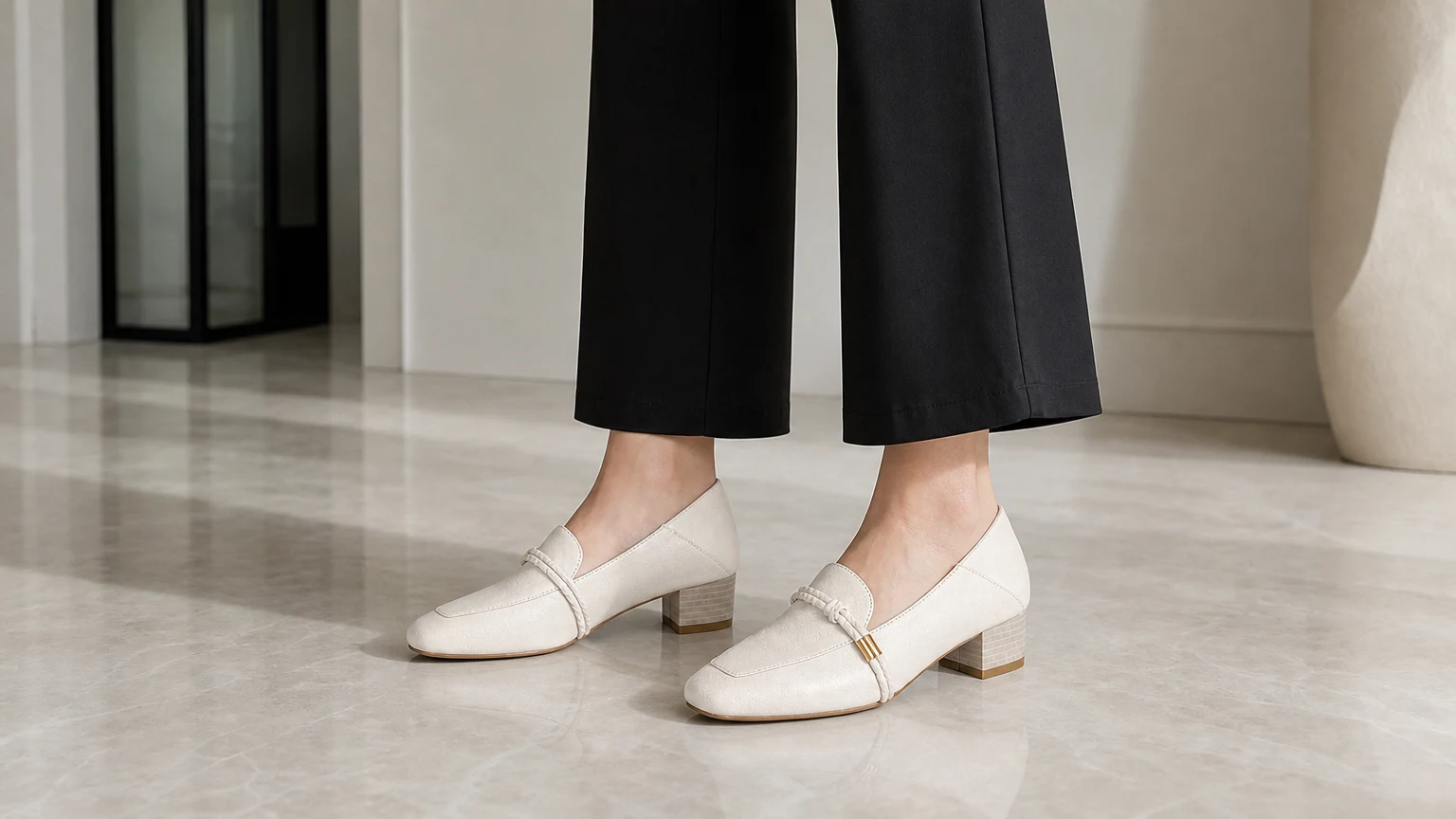 Mocasines con puntera cuadrada y correa de cadena diseñados en una escena de estilo de vida horizontal