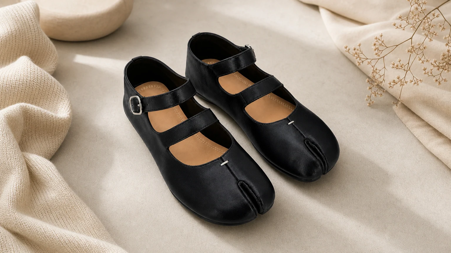 Zapatos planos Mary Jane negros con punta dividida diseñados en una escena horizontal moderna