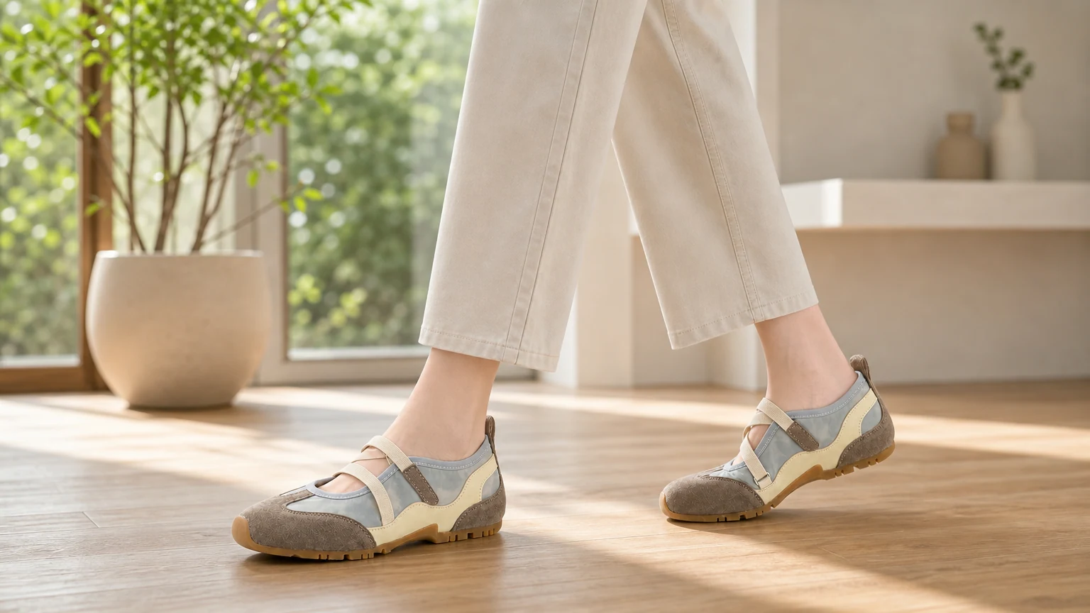 Scarpe Mary Jane imbottite con cinturino incrociato indossate in una scena di lifestyle