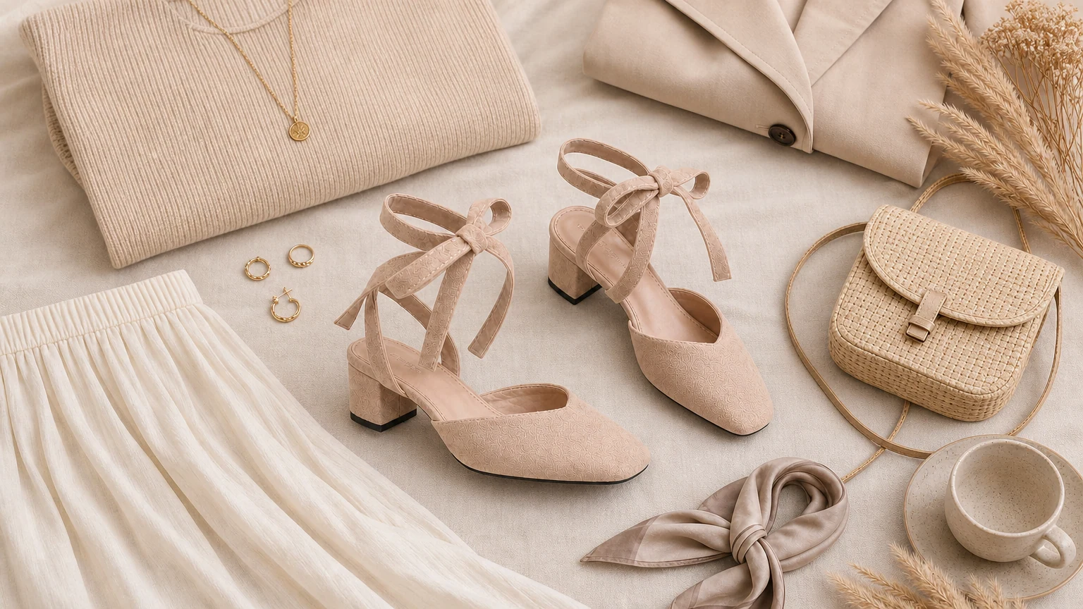 Eleganti ballerine con cinturino con fiocco in una scena di stile di vita editoriale