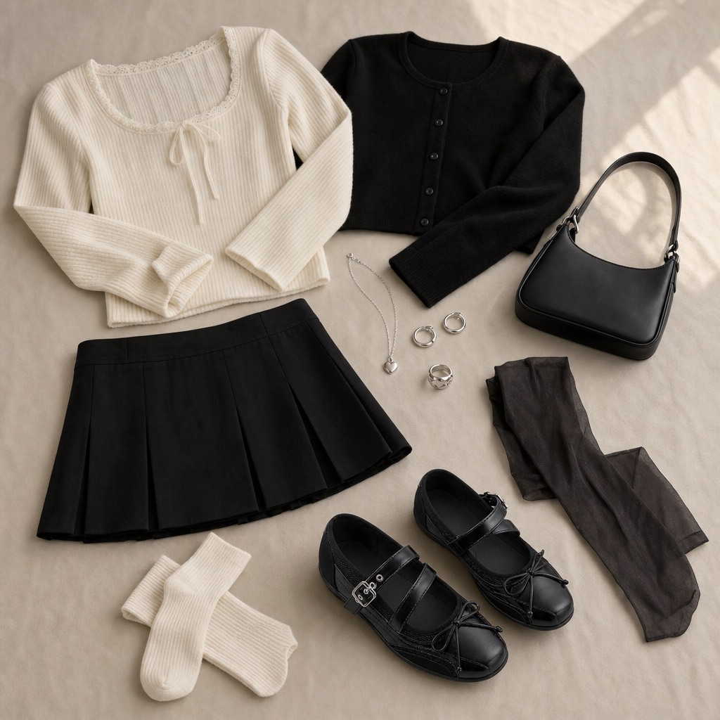 Ballerine Mary Jane nere con un outfit in stile piatto