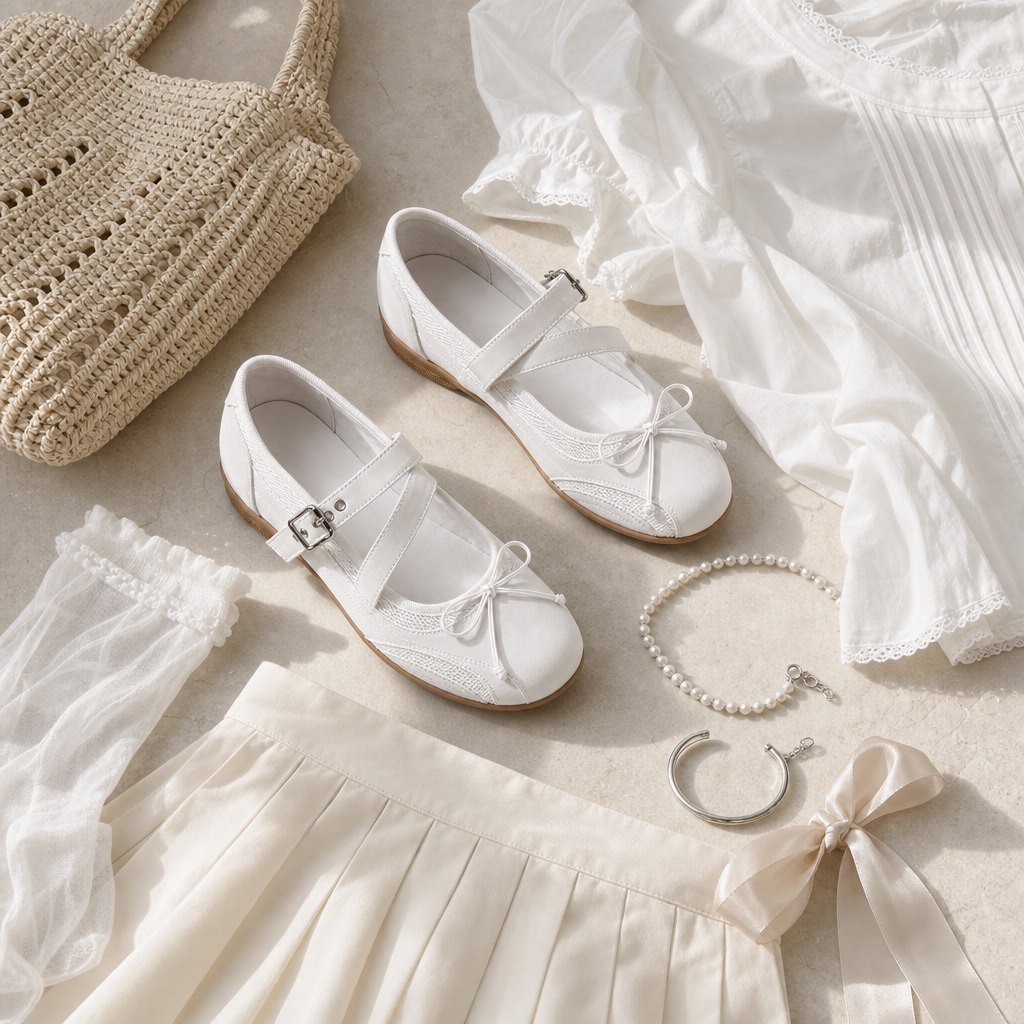 Ballerine Mary Jane bianche in una morbida scena flat-lay