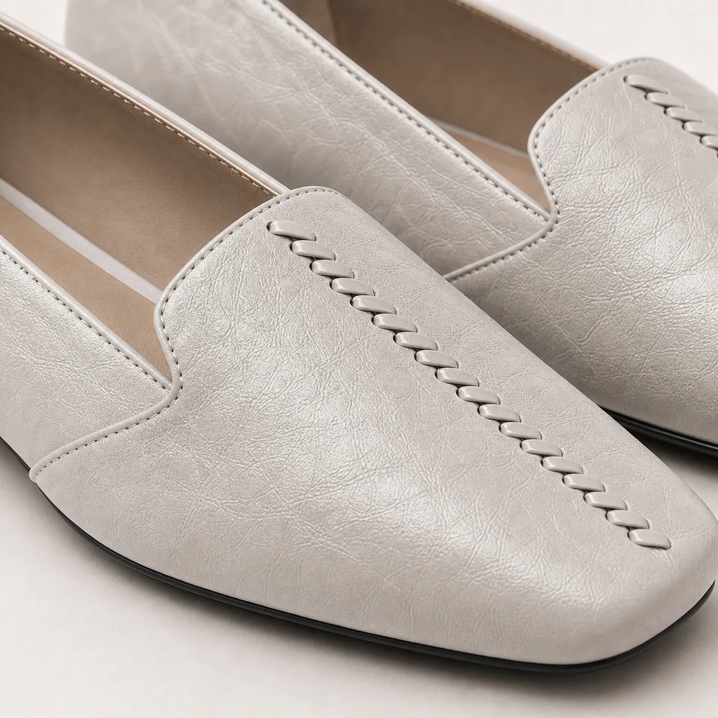 Gros plan des chaussures plates montrant la texture supérieure et les détails de l'empeigne cousue