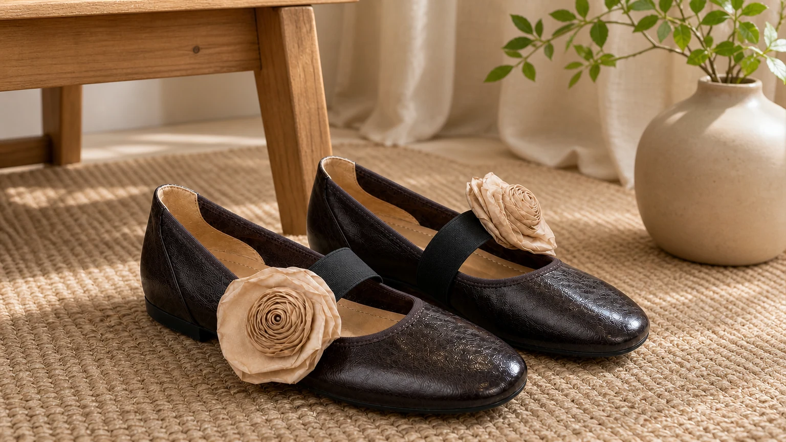 Zapatos planos Mary Jane con apliques de rosas diseñados en una suave escena de estilo de vida