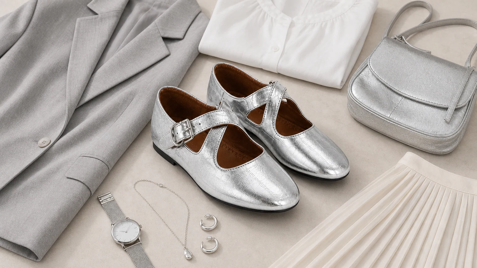 Silberne Mary-Jane-Schuhe mit versteckter Höhe, gestaltet in einer horizontalen Produktszene