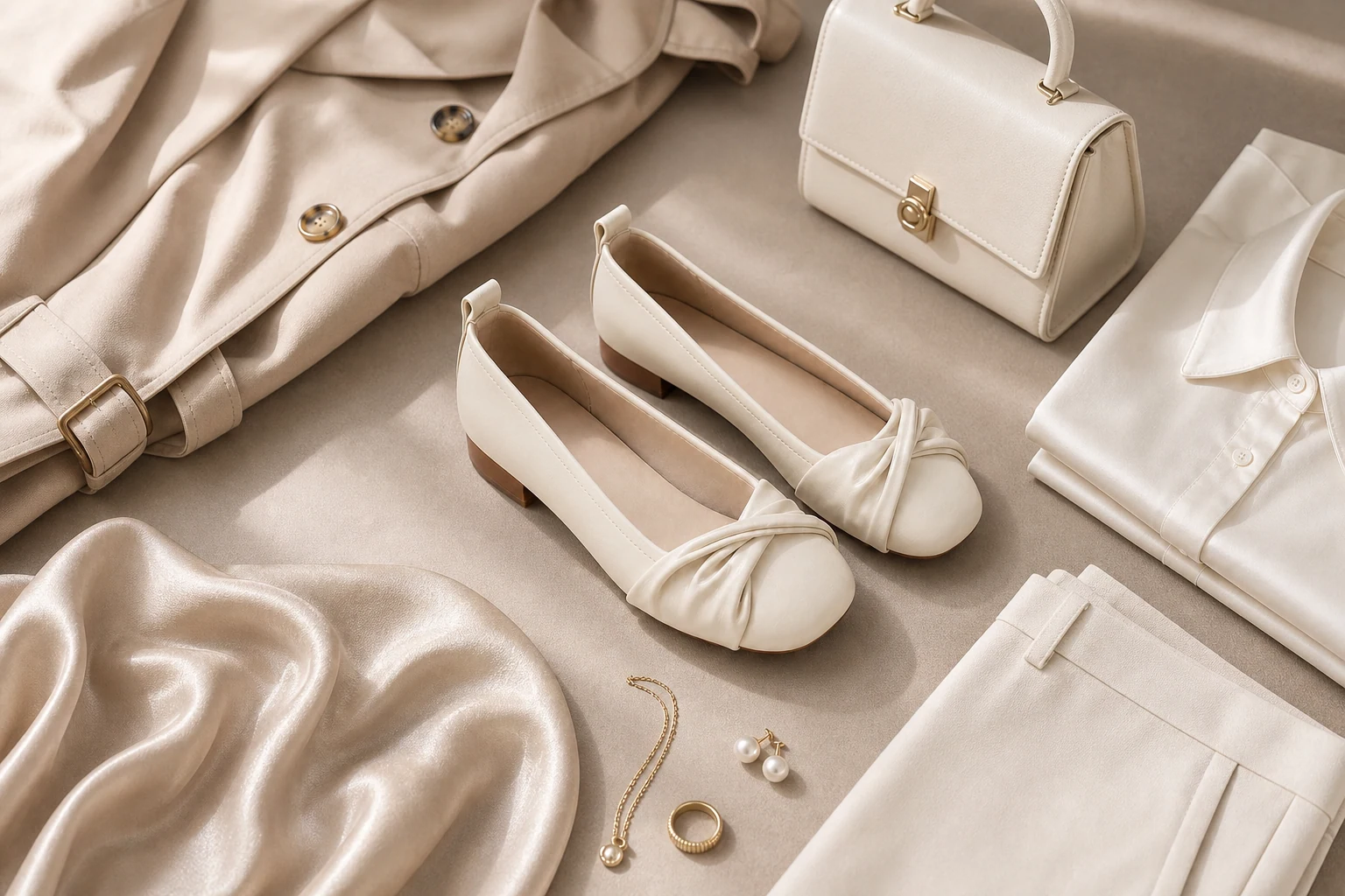 Soft apricot ruched flats shown in a product-in-context lifestyle setting