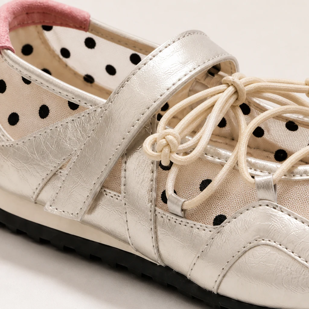 Détail rapproché de la tige transparente à pois et de la construction des baskets Mary Jane