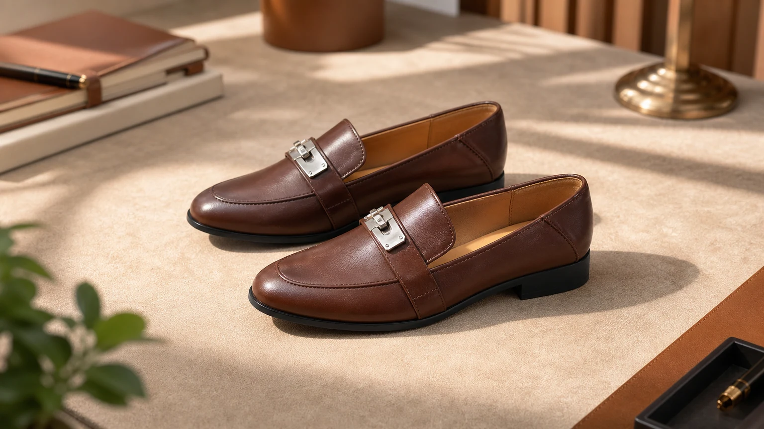 Gepolijste kantoorloafers met lage hak in een redactionele lifestylescène
