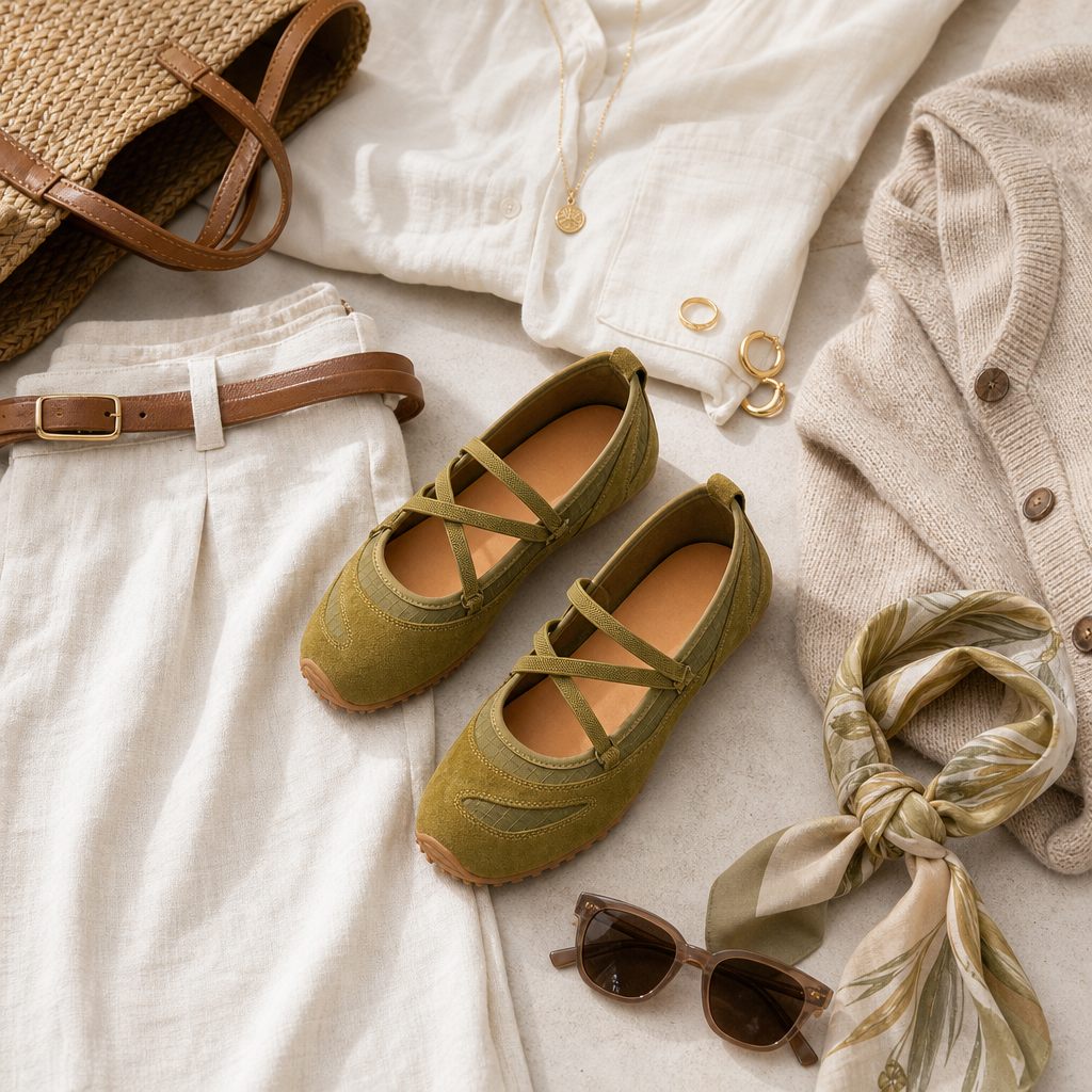 Ballerine verdi con cinturino in stile piatto con accessori per outfit