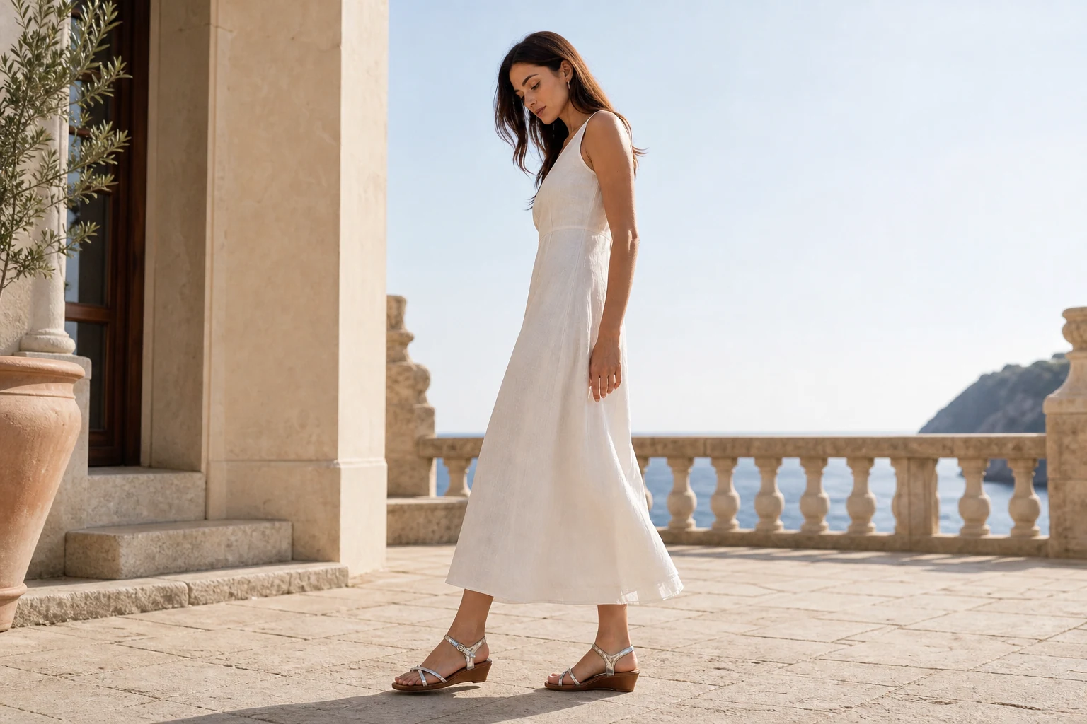 Lifestylescène met de volledig zilveren sandalen met vierkante neus en sleehak