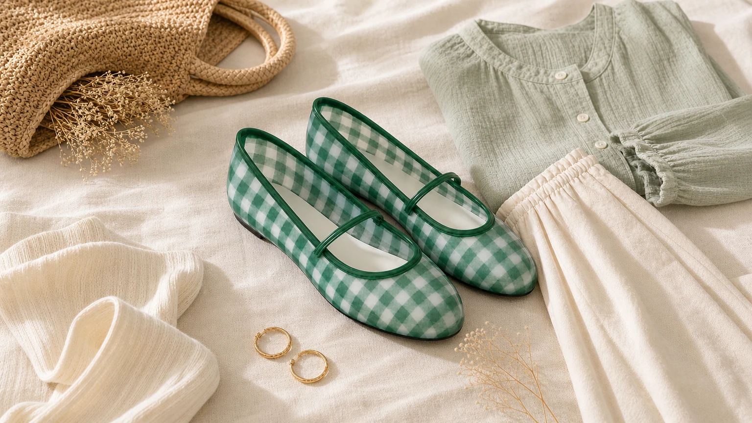 Geruite, doorzichtige Mary Jane-flats in een zachte lifestyle-setting
